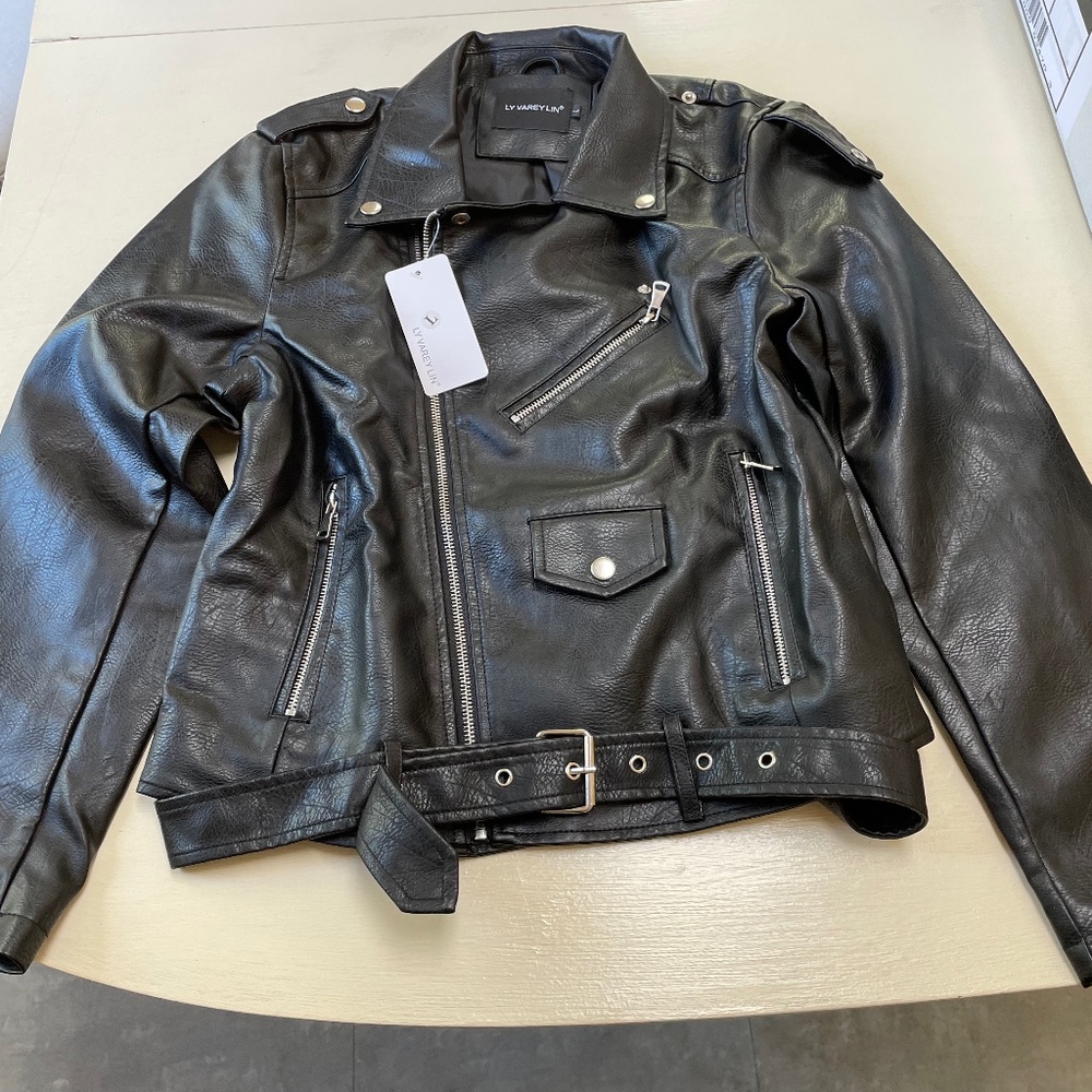 New Women’s Black Faux Leather Bomber Biker Jacket -Large L